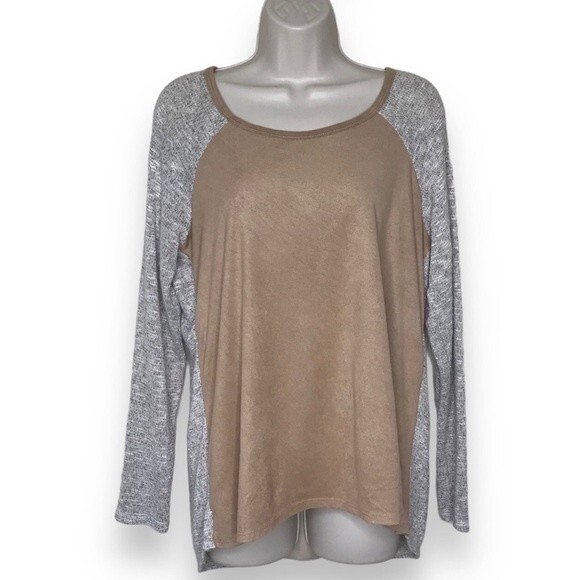 Vintage Rods Western Tan Faux Suede Front Sweater Knit Sleeves Top Women Large - Picture 1 of 10